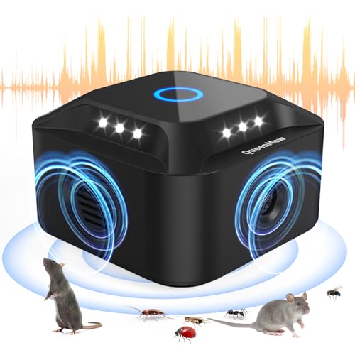 Ultrason Souris et Rats, Repulsif Souris Ultrasons 360° Anti Souris avec Lumière LED Appareil Ultrason pour Nuisible Rongeurs Plug in Répulsif Intérieur Dispositif Anti Nuisible Cafards pour Jardin