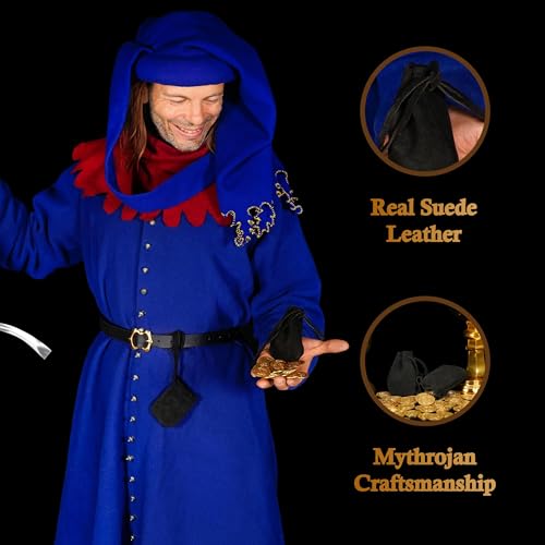 Image of Mythrojan Pack of 25 Small Trinket Pouches Suede Leather Drawstring Coin & Dice Bags for LARP, SCA, Viking & Medieval Events, Color : Black