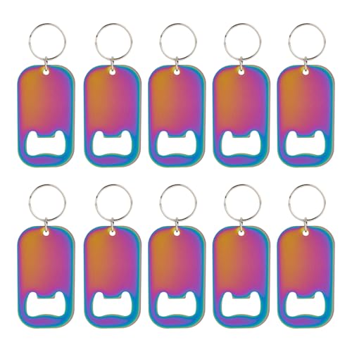 Framendino, 10 Pack Engravable Metal Bottle Opener Keychain Laser Engraving Stamping Tag Rectangle Key Chain for Home Kitchen Party DIY Crafts Rainbow