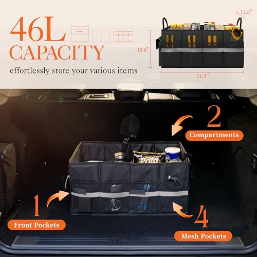 HOTOR Trunk Organizer - Car Organizer with 5 Pockets, Trunk organizer for SUV, Sedan & Van, Car Organization with Sturdy Base Panel for Car Accessories, Black, 2 Compartments, 21.3