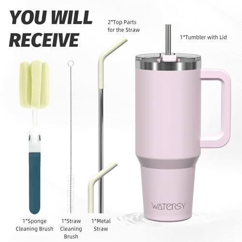 Image of 40 oz Tumbler with Handle,Tumbler with Lid and Straw,Double Wall Insulated Cup Stainless Steel Travel Mug(Cold for 34 Hours),Water Bottle for Iced Tea,Coffee,Cold Beverages(Rose Quartz)