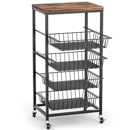 Venkuber Fruit Vegetable Cart, 4-Tier Snack & Kitchen Cart on Wheels with Storage, Pull-Out Baskets & Wood Top, Rolling Organizer for Pantry, Living Room (Brown)
