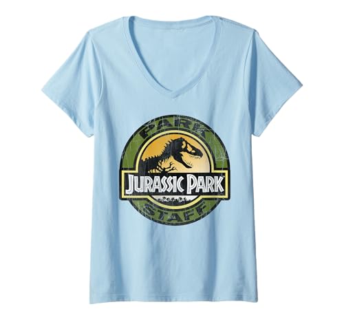 Womens Jurassic Park Staff Retro Distressed Logo V-Neck T-Shirt