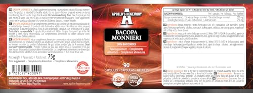 Bacopa Monnieri Extrakt 500mg, Brahmi-Extrakt (50% Bacoside), 90 vegane Kapseln, 3 Monate Vorrat, Nahrungsergänzungsmittel für verbesserte geistige Klarheit und Konzentration von Apollo's Hegemony