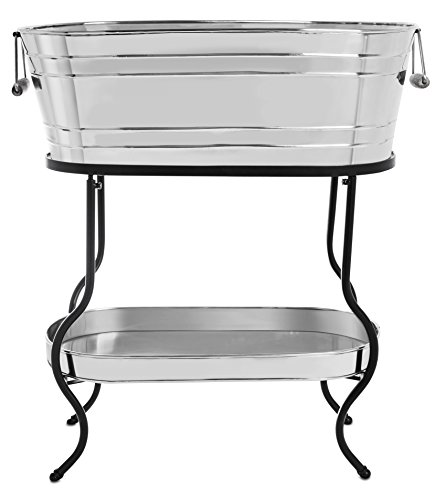 BIRDROCK Home Stainless Steel Beverage Tub with Stand - Bottom Tray - Ice Bucket - Party Drink Holder - Wooden Handles - Outdoor or Indoor Use - Free Standing