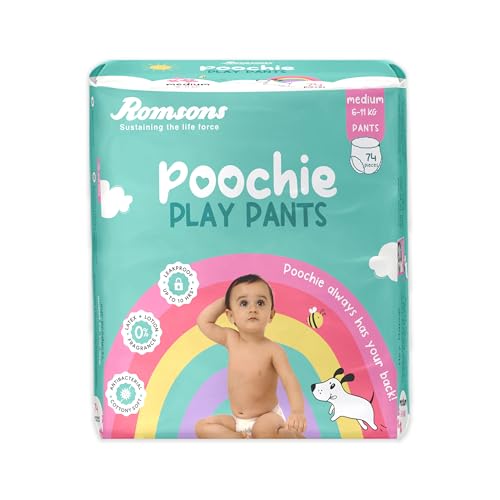 Image of Romsons Poochie Play Pants Baby Diapers - M (74 Pieces) | Suitable for 6-11 KG | 360 Comfort Fit and Leakproof Upto 10 Hrs.