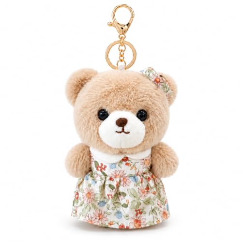 Image of Wanna Party Teddy Bear Plush Keychain, Cute Soft Bear Bag Charm with Floral Dress & Gold Metal Chain