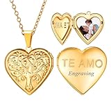 U7 TE AMO Locket Necklace That Holds Pictures 14K Gold Plated Stainless Steel Customized Image Heart Tree of Life Image Heart Lockets Pendant with 20 Inch Chain