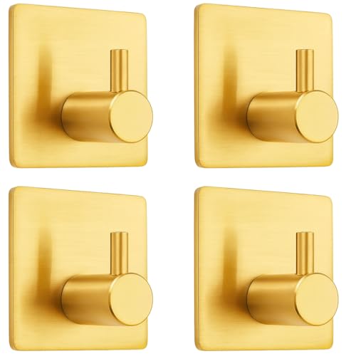 Generisch Selbstklebende Handtuchhaken aus Edelstahl, 4-teiliges Set, Rostfrei, Haken Wandmontage ohne Bohren für Bad und Küche, Quadratische Bademantelhaken (gold)