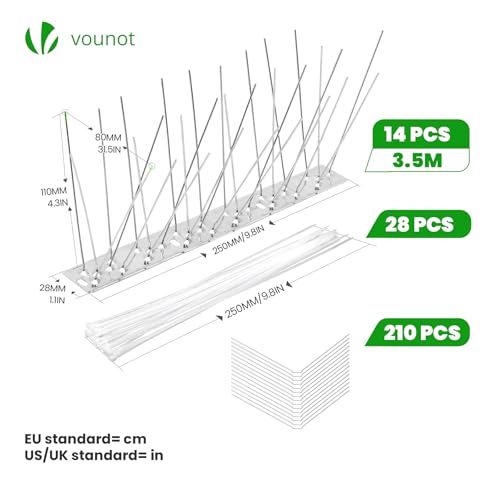 VOUNOT® Bird Spikes 3.5M – Stainless Steel Anti-Pigeon and Bird Deterrent Spikes Birds Control Defence Spikes for Roofs and Windows, Easy to Install 14 pcs x 25cm