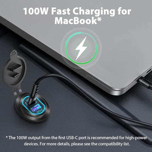Gniazdo USB C 12V USB PD 100W do laptopa i gniazdo ładowarki samochodowej QC3.0 18W Stop aluminium szybkie ładowanie montaż wpuszczany Zamiennik gniazda zapalniczki Akcesoria do samodzielnego montażu