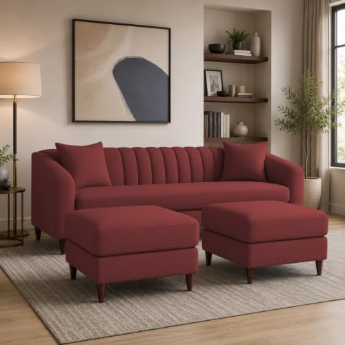 Image of Doraldo 3 Seater Sofa Set with 2 Ottoman for Living Room (Maroon) Premium Fabric Sofa