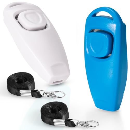 2-in-1 Dog Training Clicker Whistle for Training and Recall, Training Accessories for Puppy, Cats, Horses & Small Animals – 2 Pack with Lanyard, Reward Your Pets Efficiently(White + Light Blue)