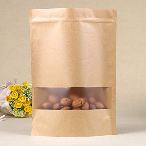 TYONMUJO 100pcs Kraft Bags with Window Zipper Lock Stand Up Bulk Pouches Resealable 3.5×5.5in