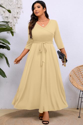 Image of Runwind Plus Size Dress for Women - 3 /4 Sleeve V Neck Maxi Dresses for Women (XL-6XL)