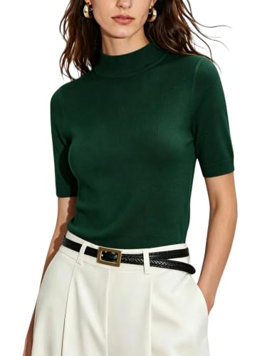 Image of Women Mock Neck Short Sleeve Knit Top All-Season Light Sweater
