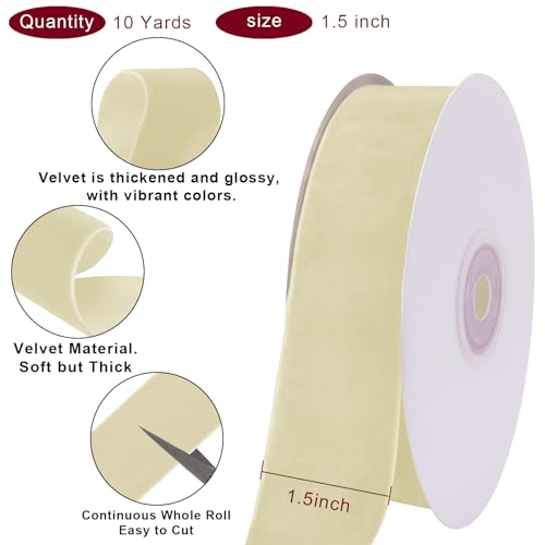 Image of Tsorode 10 Yards Cream Velvet Ribbon for Christmas Tree,1 1 /2 Inch