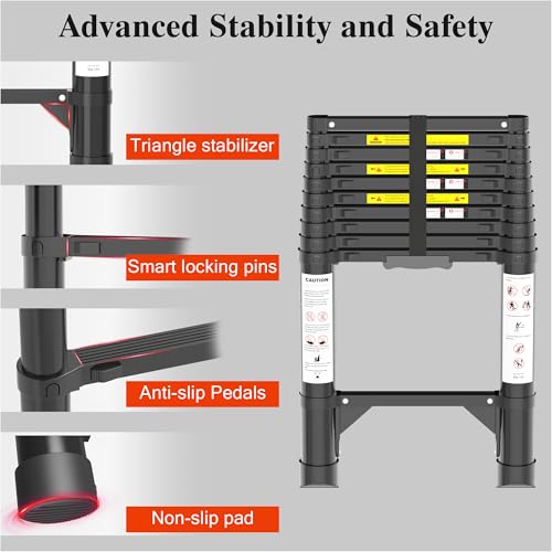 Image of Telescoping Ladder, 10.5 FT 330 Lbs Aluminum Extension Ladder, Black | Telescopic, Collapsible & Adjustable, Compact Retractable Ladder for House, Roof, RV & Travel Trailer