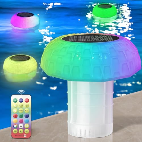 Qoolife Gran dosificador Flotante para hasta 4 Pastillas de Cloro, luz Solar LED, 7 Colores, dispensador de Cloro, Piscina con Mando a Distancia, Ajustable, Plegable, dosificador de Pastillas de
