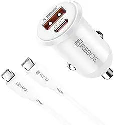 Kit Carregador Veicular Mini 20W Turbo Tipo C Carregamento Rápido Compatível Android e iPhone 15 Pro Max Branco