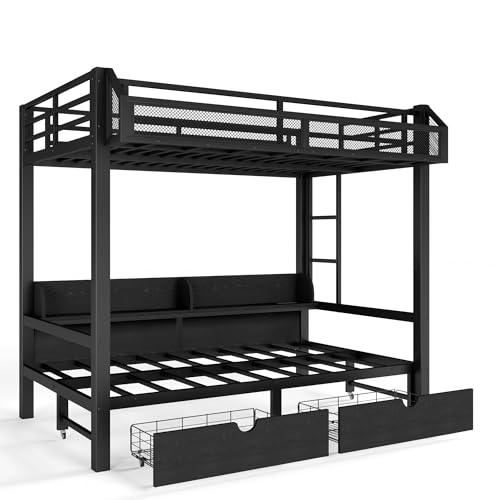 Bellemave Twin Over Twin Bunk Bed Frame with Storage Shelves & Drawers, Metal Bunk Bed Twin Over Twin with Charging Station & LED Lights, Space Saving Beds Frame Convertible to Sofa Design, Black by Bellemave - Used condition - Image 9