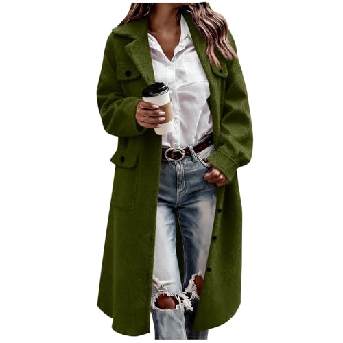 Image of TYISZIL Womens Long Wool Coats Trendy Double Breasted Pea Coat Lapel Collar Thick Warm Coatagin Winter Trench Overcoat Pea Coat 2X Army Green