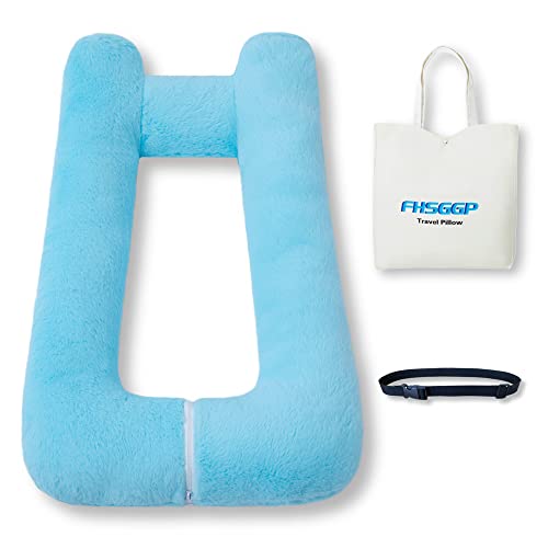 Image of FHSGGP Travel Pillow Upgraded Version of Aircraft Travel Neck Pillow | with Storage Bag, Sleep Pillows for Travel by Train, Car, or Plane, Supporting The Head and Body, Travel Pillow for Kids Blue