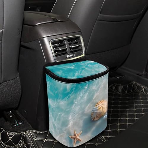 Image of Talayituse Starfish Beach Seahells Print Car Trash Can with Lid, Leak Proof Auto Trash Bag Hanging Vehicle Garbage Can Multipurpose Storage Container for Back Seat Road Trip