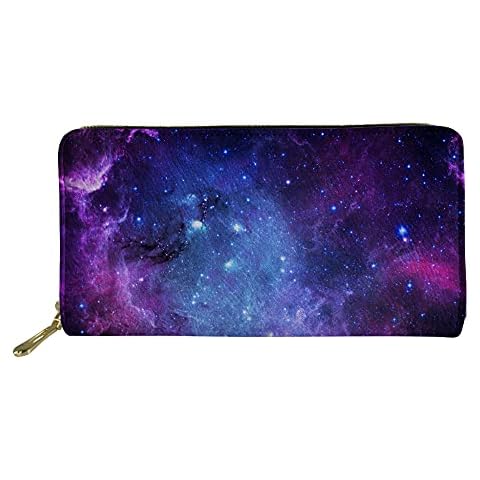 Binienty PU Leather Long Wallet for Women Girls, Blue Galaxy Sky Design, Card Holder Clutch Purse Cover
