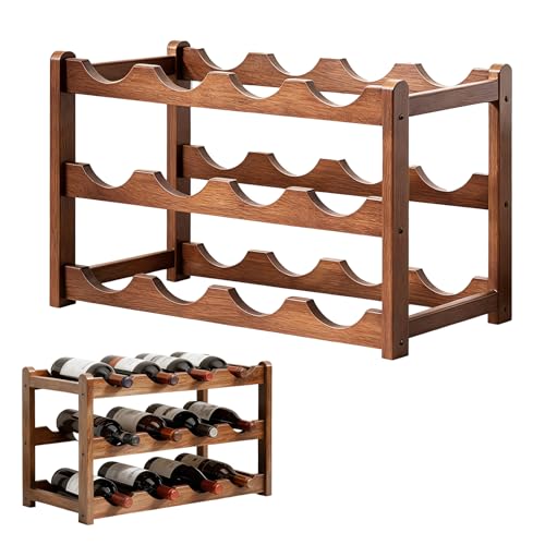 ORARTMM Botellero de madera de tres niveles, estante para botellas apilable para 12 botellas, superficie oscura, adecuado para armarios de vino, cocinas, bodegas y para guardar botellas de cristal.