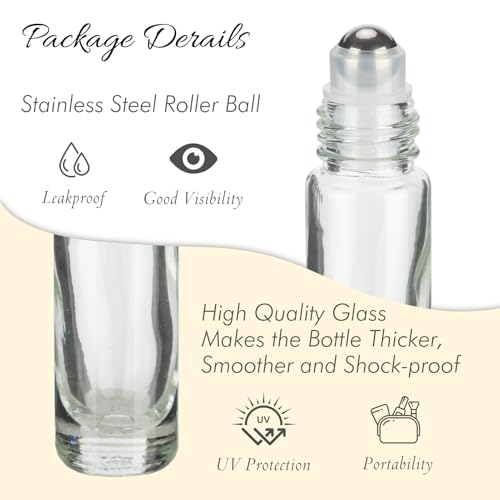 10ML Essential Oil Roller Bottles, 4 Pack Clear Silver Oil Roller Bottles for Essential Oils, Roll on Bottle with Stainless Steel Balls(4 Labels, Opener, Funnel, Dropper Included)3