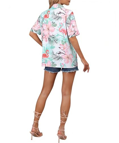 Image of ASTANFY Hawaiian Shirt Women Hawaii T-Shirt Tropical Floral Printed V Neck Shirts Soft Cool Summer Beach Button Up Blouse