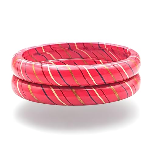 Image of Traditional Rajasthani Lac Bangles for Women and Girls, Jaipuri Lahariya Design Lakh Lah Kada, Multicolor Striped Pattern, Red Green Maroon Sky Blue Pink Purple Yellow Grey Set of 2