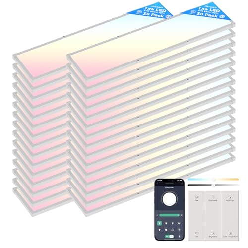 AIKVSXER 30 Pack 1x4 FT LED Flat Panel Light Surface Mount, with Wireless Switch & App Control, Night Mode, 50W 5500LM, 3000K/4000K/6500K, Ultra-Thin LED Light for Office Home,120-277V - Whi