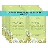 Pacifica Super Green Detox Sheet Mask – 12-PACK Charcoal, Kale & Clay Pore Cleansing Mask for Oily, Blemish-Prone Skin, Deep Detox Facial Mask, Vegan