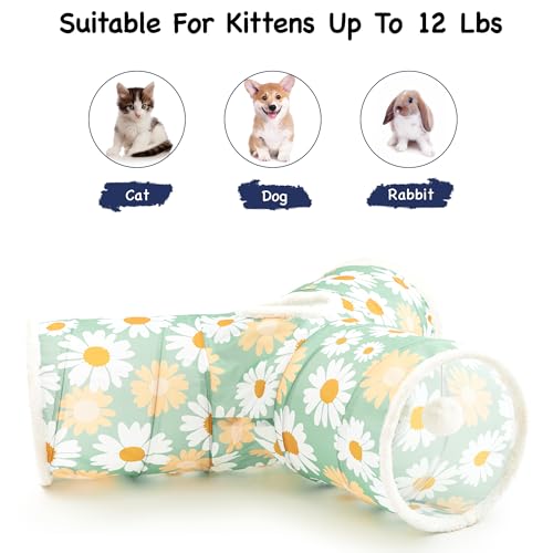 Image of Tempcore Cat Tunnel for Indoor Cats, 3 Way Collapsible Pet Play Tunnel with Teaser Wand, Peek Holes & Hanging Ball, Interactive Tube for Kittens & Rabbits, Daisy Green Printed