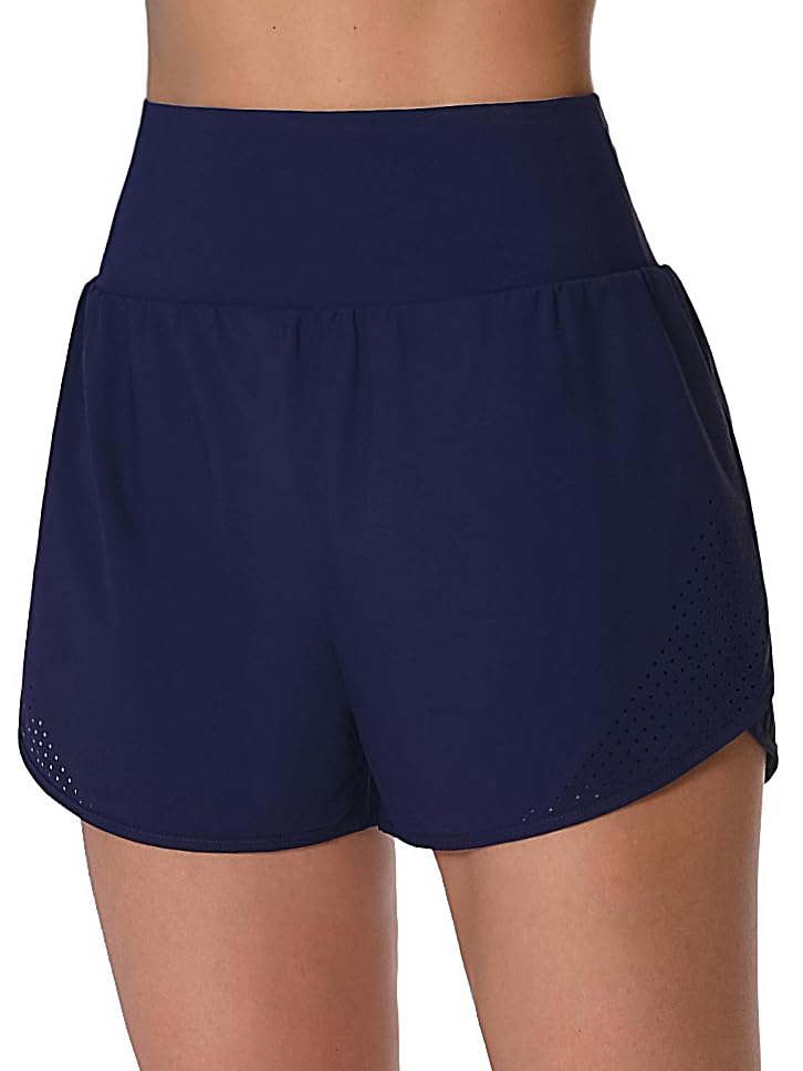 Image of ATTRACO Women's 3 inch High Waisted Swim Board Shorts Pleated Summer Beach Shorts with Pockets