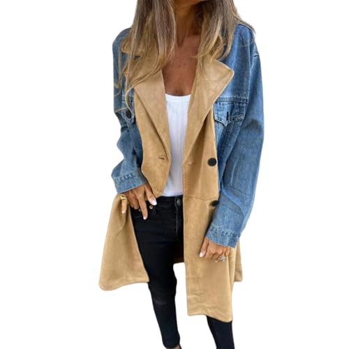 Image of KVOTUU Womens Long Trench Coat Long Sleeve Denim Jacket Notched Lapel Double Breasted Pea Coat Over Knee Tunic Outerwear