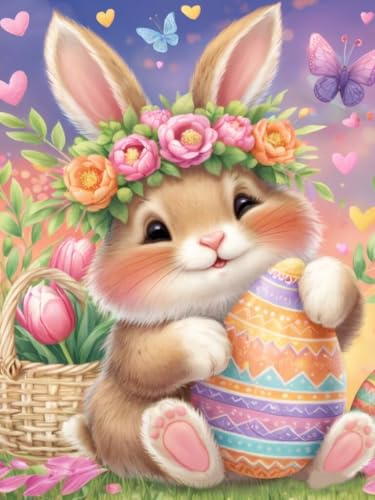 Easter Diamond Art Kits for Adults Cute Rabbit Diamond Painting Kits for Beginners DIY Full Round Drill Paint with Diamond Home Wall Decor Easter Gift 8x12 in
