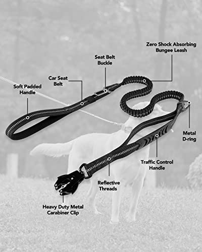 Joytale Tactical Dog Leash Heavy Duty,4-6Ft Shock Absorbing Bungee Dog Leash With 2 Padded Handle,Metal Carabiner Clip,Car Seatbelt,Strong No Pull Dog Leash For Medium Large X-Large Dogs,Black #TOP6