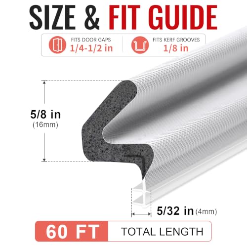 Image of Litaibai 60 ft Kerf Weather Stripping Door Seal for Exterior Doors, White | Push-In Kerf Seal for Grooved Frames, Not Self-Adhesive, Fits 1 /4-1 /2 in Door Gaps, Helps Reduce Drafts and Energy Loss