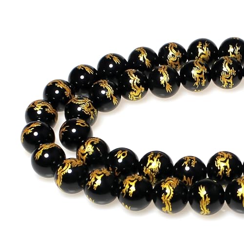 MJDCB Natural Stone Beads 14mm 25pcs Round Black Onyx Carved Dragon Loose Gemstone Bead Charms for Jewelry Making Bracelet Necklace Earring Pendant