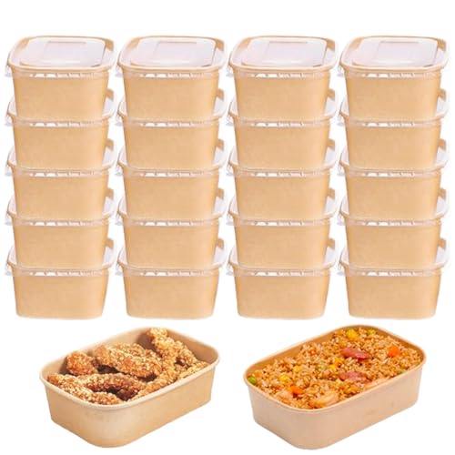YIMINI 20 Piezas Caja De Papel Para Llevar, Caja De Ensalada, Compartimentos Para Comida, Recipientes Reutilizables, Impermeable, Resistente Al Aceite, Comida Para Llevar, Viaje (Con Tapa, 750ml)