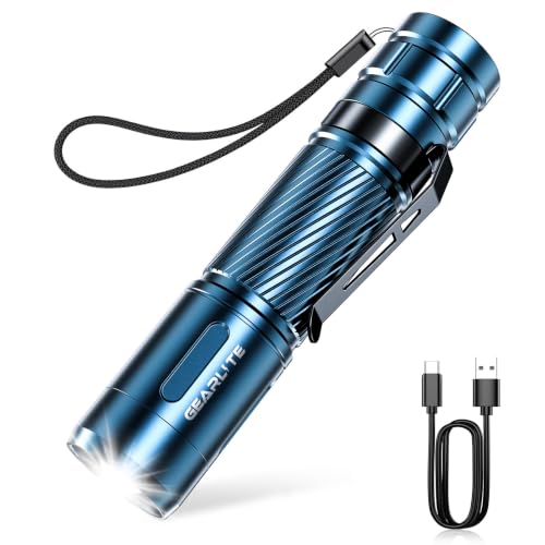 Image of GEARLITE LED Rechargeable Torch, Super Bright Zoomable 2000 Lumen Mini Torches, 3 Modes, Long Runtime, IP65 Waterproof Tactical Torch for Children, Camping, Fishing, Emergency, Outdoor - Blue