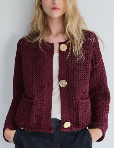Image of Wyeysyt Womens Cropped Cardigan Sweaters Chunky Knit Gold Button Down Open Front Cardigan Long Sleeve Crop Crochet Sweaters