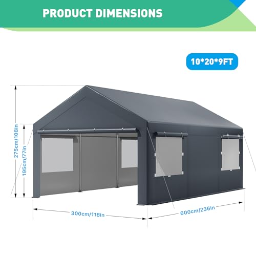 image for GarveeLife 10x20FT Heavy Duty Carport, Portable Garage with Sidewalls,
