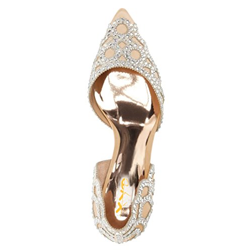 Image of XYD Women's Pumps, Elegant Pointed Toe, D'Orsay Kitten Low Heels, Rhinestone Studs, Slip-On Satin Shoes for Wedding
