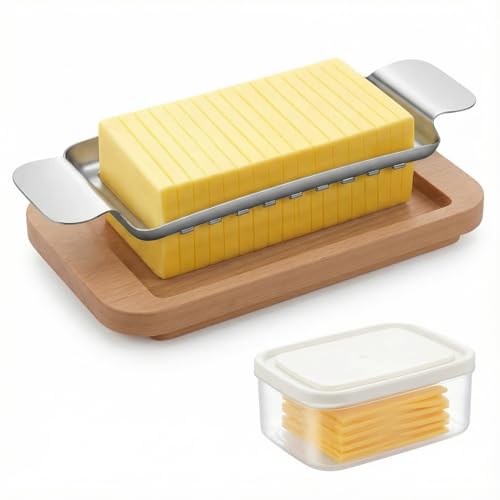 LemonRoad 3 Pcs Butter and Cheese Slicer Set with Wooden Storage Tray, Crisper Box and Slicer Multipurpose Handheld Butter Cutter for Sticks and Block Cheese, Soft Fruits for Even 1/4-inch Slices