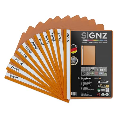 SIGNZ Schnellhefter DIN A4 stabil 11 Stück orange transparenter Deckel CO2-neutral hergestellt aus recycelbarem Kunststoff (PP) FSC Mix 70% made in Germany