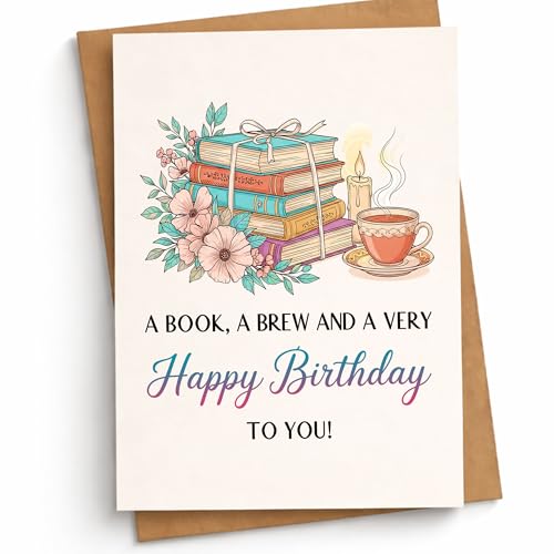 THRAVJ A Book A Brew and Happy Birthday Greeting Card Blank Inside Meaningful Heartfelt Message for Friend Coworker Family Member Him Her